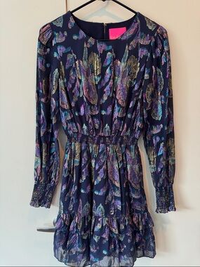 Lilly Pulitzer Navy Long-Sleeve Metallic Floral Silk Mini Dress